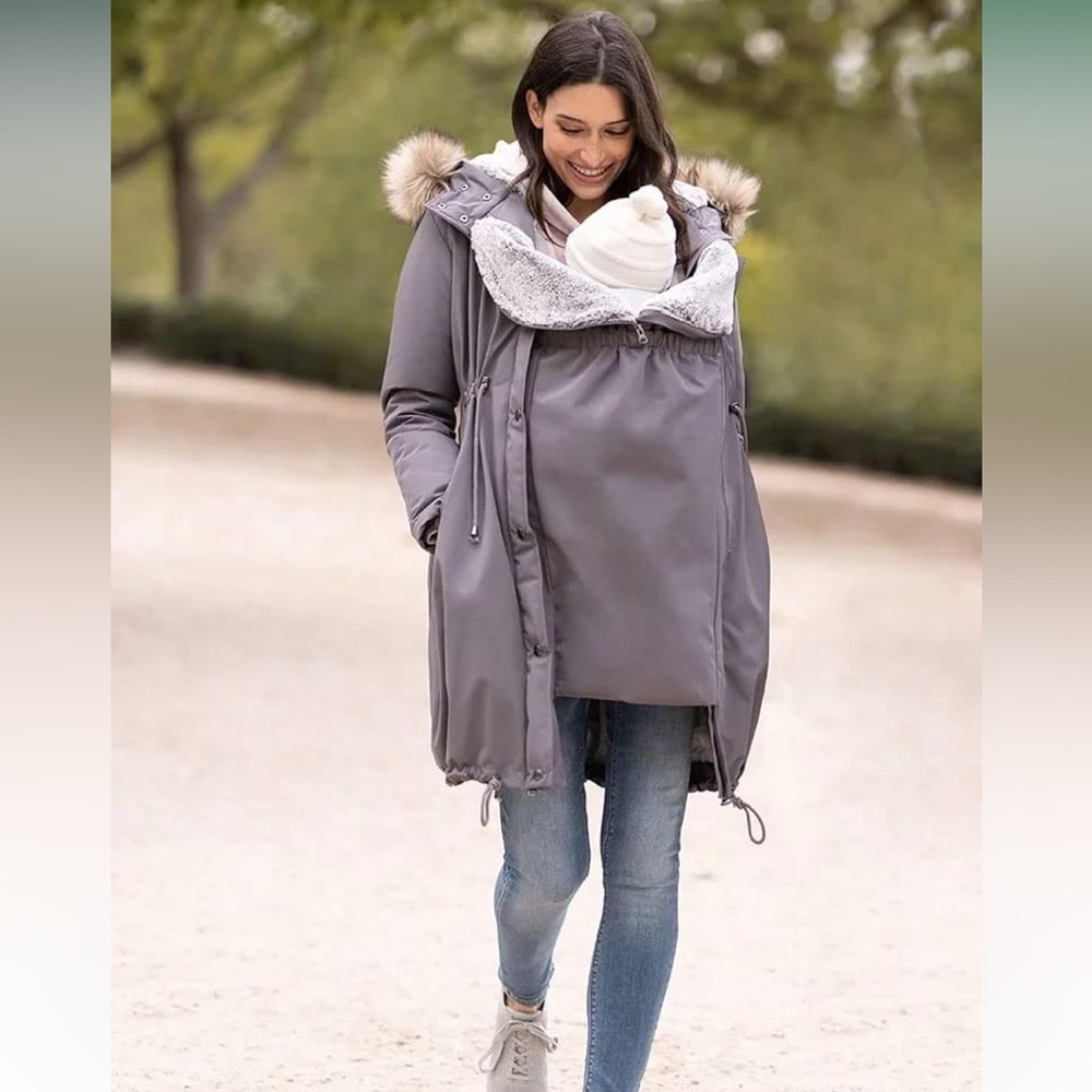 RARE Seraphine Slate Gray Premium 3in1 Maternity Babywearing Parka Coat Faux Fur